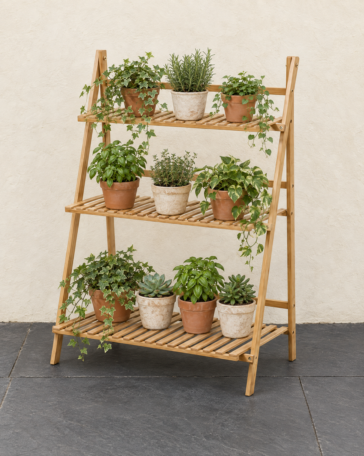 Natural wood ladder plant stand holding pots of ivy, herbs and succulents on slate paving