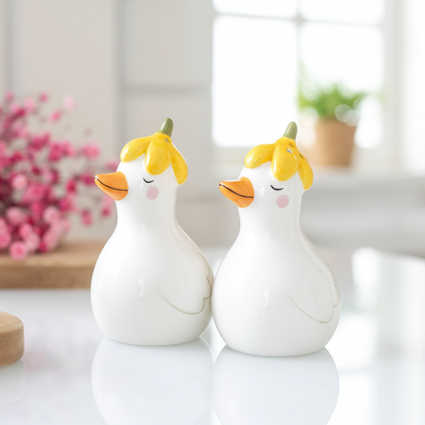 Two duck salt and pepper shakers with flower hats on a white table beside pink flowers