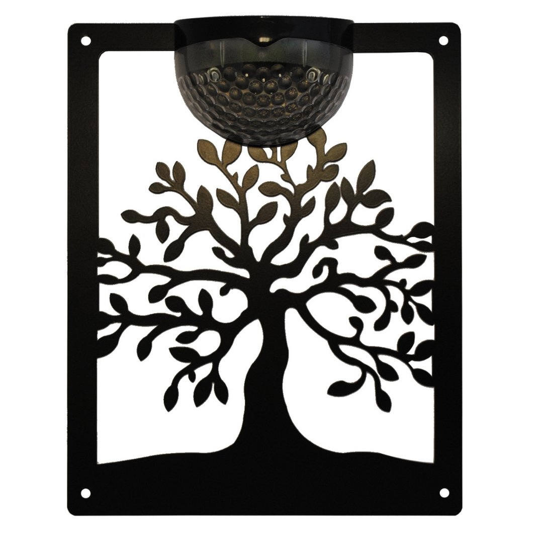 Tree of life solar plaque on a plain white background showing the corner fixing holes