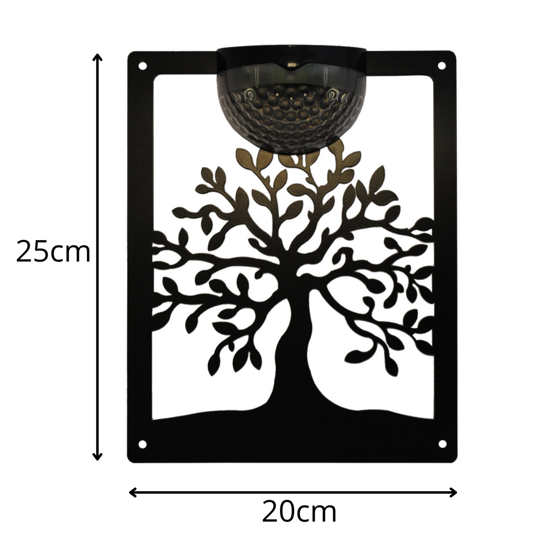 Tree of life solar plaque on white, marked 20 cm wide and 25 cm high